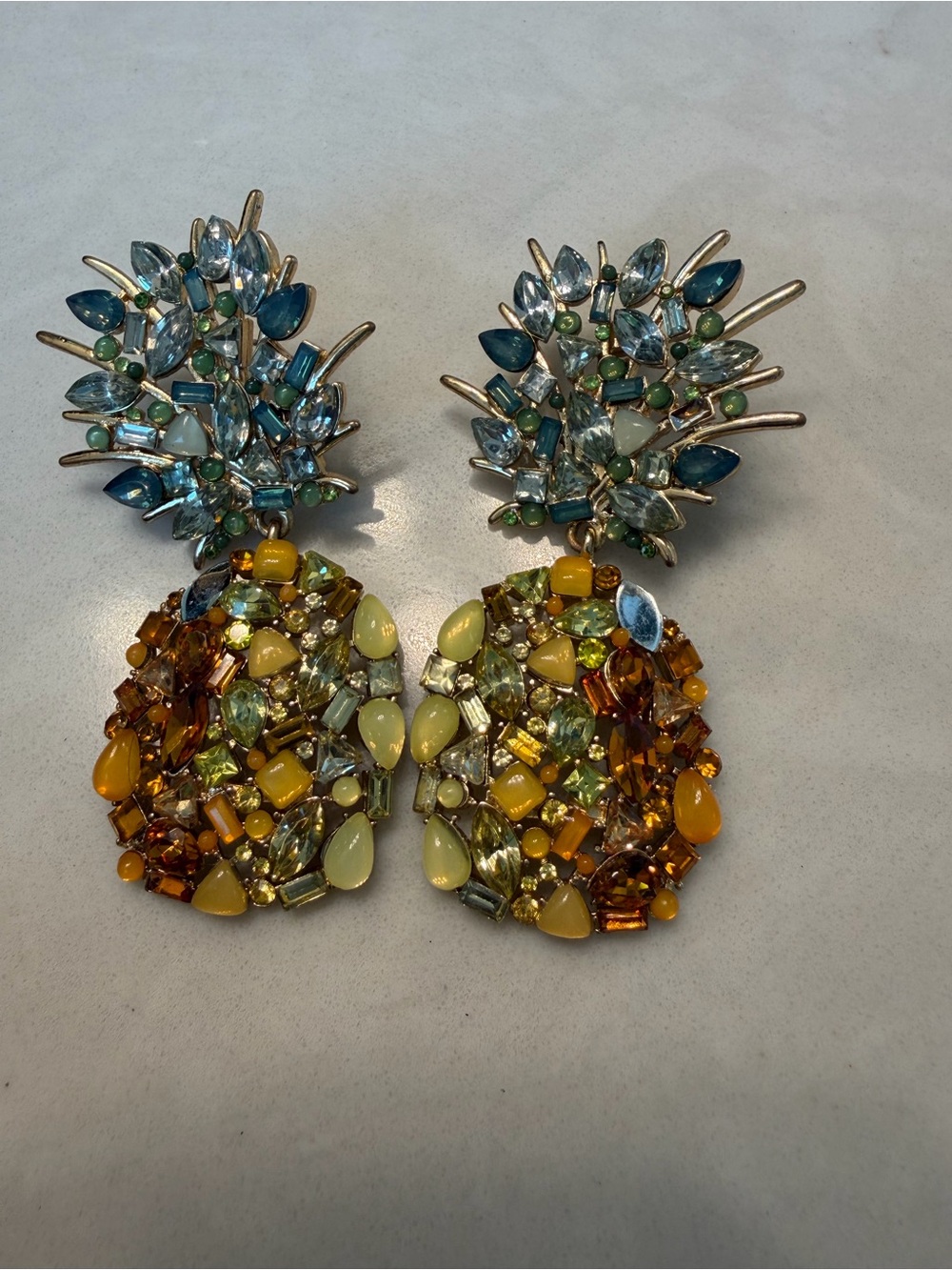 Statement Pineapple Drop Earrings in Blue and Amber - Fashion Jewelry
